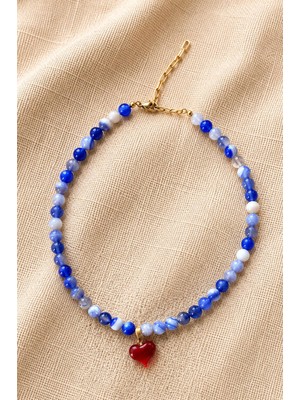Sun Jewellery Mavi Doğal Taş Boncuklu Kalp Uçlu Kolye