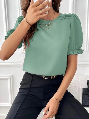 Defy Moda Kadın Kısa Kollu Bisiklet Yaka Kolları Gipeli Ithal Krep Bluz