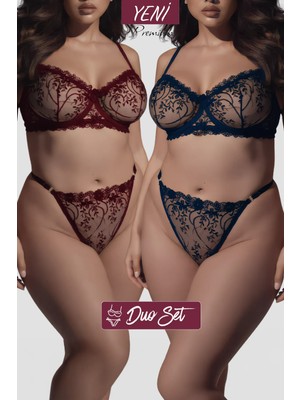 Valunor Duo Set Glam Bordo ve Lacivert Plus Size Büyük Beden C Cup Çiçekli Seksi 2’li Iç Giyim Takımı - SET4