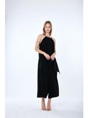 Neşeli Butik Kadın Siyah Ince Askılı Asimetrik Kesim Bluz Pantolon Ikili Takım NBMY4070