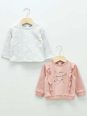LC Waikiki Lcw Baby Pembe Bisiklet Yaka Uzun Kollu Baskılı Kız Bebek Sweatshirt 2'li