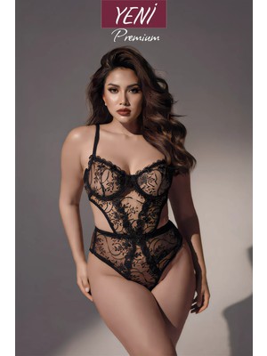 Valunor Dantelli Siyah Plus Size Büyük Beden C Cup Balenli Bodysuit Kadın Seksi Iç Giyim