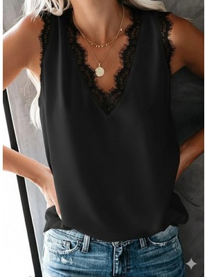 Defy Moda Kadın Askılı V Yakalı Dantelli Sandy Bluz