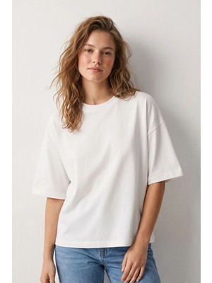 elemge %100 Pamuk Süprem Bol Kesim Boxy Fit Penye Tok Kumaş Kadın T-Shirt Oversize Beyaz Düşük Omuz Bisiklet Yaka Tişört