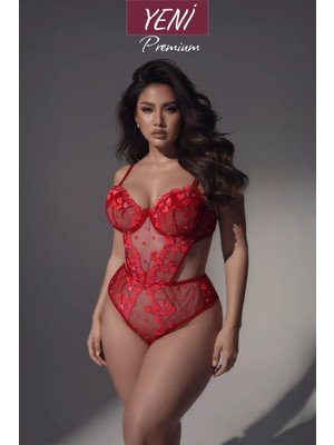 Valunor Love Kırmızı Plus Size Büyük Beden C Cup Kalp Desenli Balenli Bodysuit