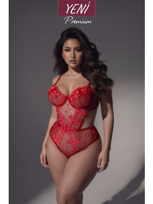 Valunor Love Kırmızı Plus Size Büyük Beden C Cup Kalp Desenli Balenli Bodysuit