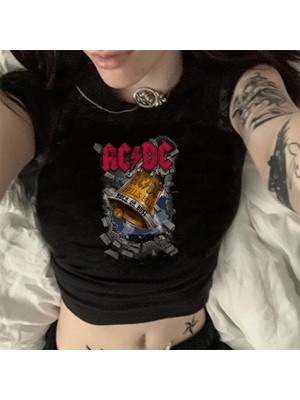Touz Dape Rock Serisi Ac/dc Logo Baskılı Siyah Crop