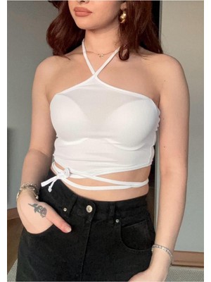 Touz Çapraz Askılı Ribanalı Crop Bluz