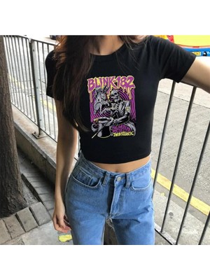 Touz Küt Küt Rock Serisi Blink 182 Baskılı Siyah Crop