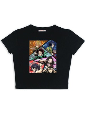 Touz Eyl Anime Deoman Slayer Kolaj Baskılı Siyah Crop