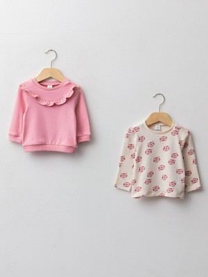 LC Waikiki Lcw Baby Pembe Bisiklet Yaka Uzun Kollu Kız Bebek Sweatshirt 2'li