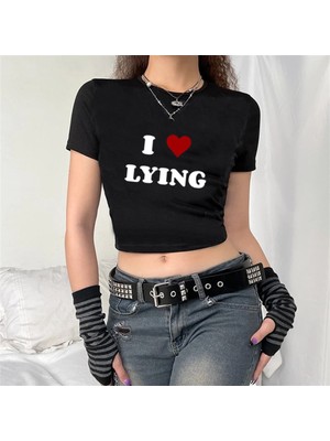 Touz Küt Küt I Love Lying Baskılı Siyah Crop