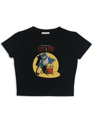 Touz Küt Küt Adventure Time Finn And Jake Baskılı Siyah Crop