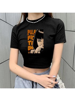 Touz Magnaqia Pulp Fiction Baskılı Siyah Crop