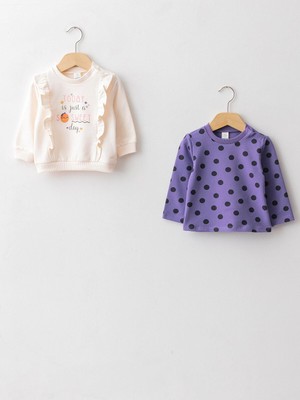 LC Waikiki Lcw Baby Ekru Bisiklet Yaka Uzun Kollu Pamuklu Kız Bebek Sweatshirt 2'li