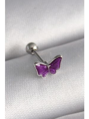 Utterly Good 316L Çelik Tragus Piercing Gümüş Mor Kelebek Model