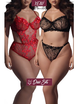 Valunor Duo Set Plus Size Kalpli Kırmızı Transparan Bodysuit ve Siyah Glam Sütyen Tanga 2'li Set - SET2