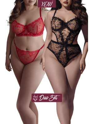 Valunor Duo Set Plus Size Kalpli Kırmızı Sütyen Tanga ve Transparan Dantelli Siyah Bodysuit - SET3