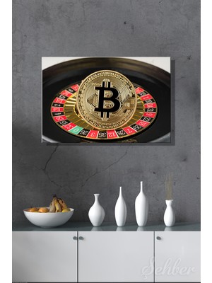 Şehber Kanvas Tablo Yatay Tekli Ev Kafe Ofis Rulet Çarkında Duran Altın Bitcoin Jetonu 2837