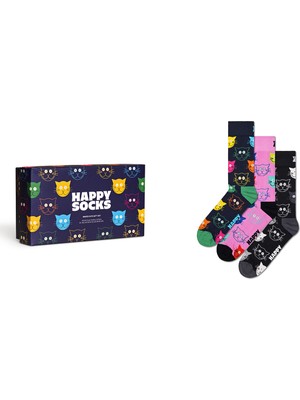 Happy Socks Kadın Çok Renkli Kedi Desenli Pamuklu 3’lü Çorap Seti XMJA08-0150