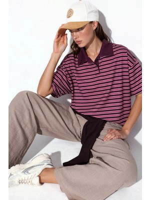 Hiccup Kadınlar Çizgili Oversize Kalıp Polo Yaka T-Shirt Kahverengi