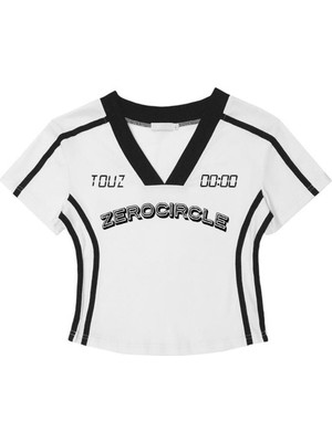 Touz Y2K Zerocircle Baskılı V Yaka Şeritli Beyaz Crop