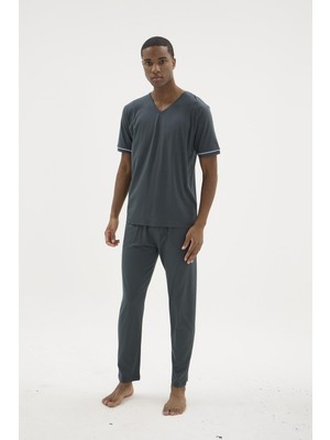 Kly Erkek Kısa Kol V Yaka Füme Modal Pijama Takımı C2T6N162