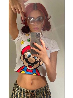 Touz Mario Detail Baskılı Crop Bluz