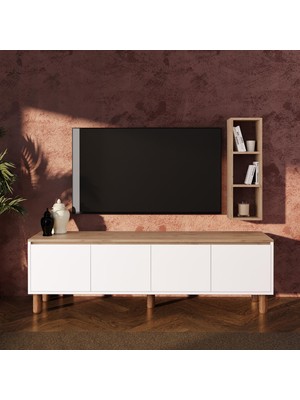 Bimossa G4110 Terra Duvar Raflı 180 cm Tv Ünitesi, Sepet-Beyaz Yüksek Ayaklı 4 Kapaklı Televizyon Sehpası
