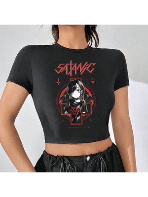 Touz Küt Küt Gothic Satanic Girl Baskılı Siyah Crop