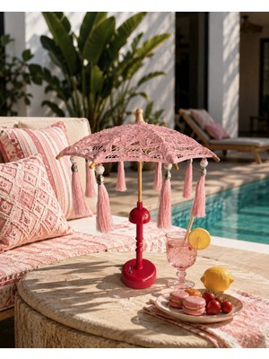 Missidea Dantel  Soft Pink Bohem Dekoratif Şemsiye Lambası