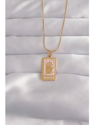 Rafiel 316L Çelik Gold Renk Pembe Mineli El Figür Tarot Kolye