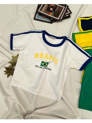 Touz Brasil Baskılı Biyeli Beyaz Crop Bluz