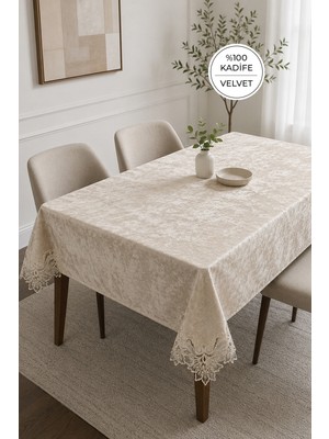 Evien Home Kadife Lüks Dantelli Masa Örtüsü Güpürlü Tek Parça Arya Bej