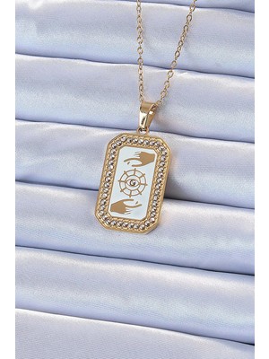 Akıllı Bayi 316L Çelik Zincir Altın Renk Mineli Zirkon Taşlı Göz Figür Tarot Kolye