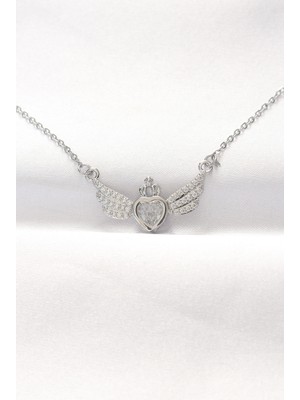 Akıllı Bayi 316L Çelik Silver Renk Zirkon Taşlı Kalpli Kanat Kolye