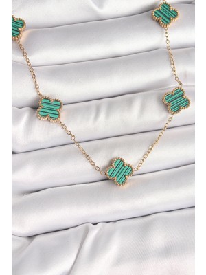 Akıllı Bayi 316L Çelik Gold Renk Zincir Yeşil Yonca Model Kadın Kolye