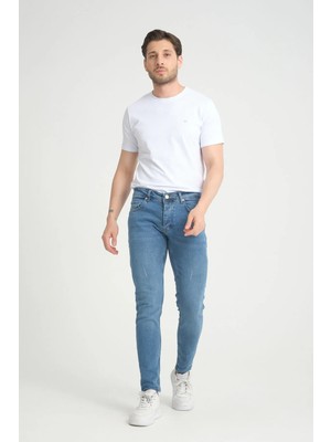 OneZero Erkek Orta Mavi Destroy Skinny Fit Pantolon