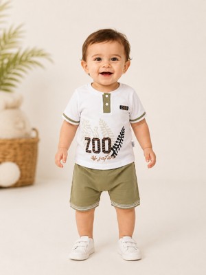 We&me Baby Erkek Bebek Zoo Safari Baskılı Kısa Kollu Pamuklu Şortlu Ikili Yazlık Takım
