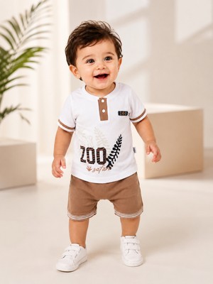 We&me Baby Erkek Bebek Zoo Safari Baskılı Kısa Kollu Pamuklu Şortlu Ikili Yazlık Takım