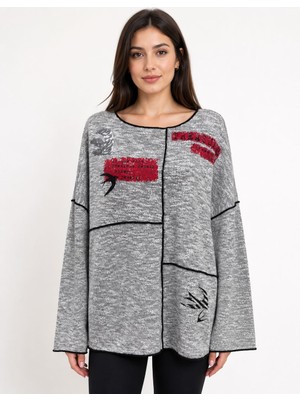 Neden Tekstil Kadın Oversize Yuvarlak Yaka Gri Bluz