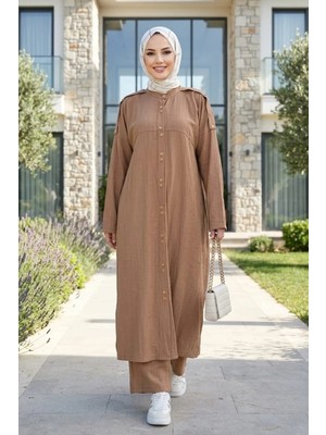 Harma Time Butik Kadın Düğmeli Çilek Kumaş Vizon Ikili Takım