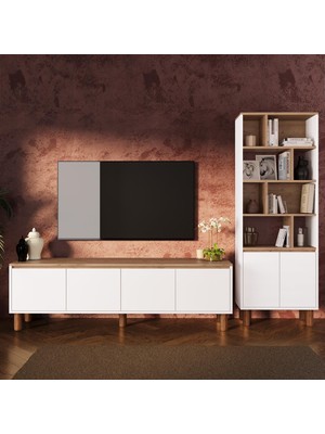 Bimossa G4210 Terra Sepet-Beyaz Kitaplıklı Tv Ünitesi Seti, 180 cm Tv Sehpası ve Kapaklı Kitaplık Takımı