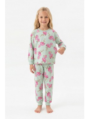 Modanino Kız Çocuk %100 Pamuk ve Filamingo Desenli Pijama Takımı 3-8 Yaş 12744IS