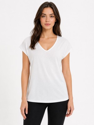 Neden Tekstil V Yaka Kadın Beyaz Basic T-Shirt