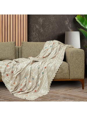 Livizmir Moda Concept Softmicro Boho Etnik Desenli Mikrofiber Koltuk Örtüsü ve Tv Battaniyesi, Koltuk Şalı, Kaymaz Bej 130X180 cm