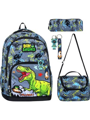 Denokids Dinozor Erkek Çocuk Ilkokul 4'lü Çanta Seti - Sırt Çantası Beslenme Çantası Kalem Kutusu Anahtarlık