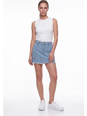 Cemo Kadın Yüksek Bel Taş Detaylı Mini Jean Etek