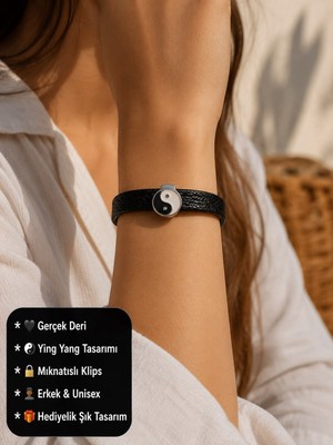 Herşey Nota Gerçek Deri Ying Yang Erkek Bileklik | Mıknatıslı Klipsli Siyah Deri Unisex Bileklik