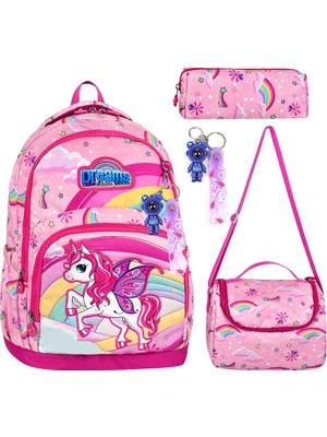 Denokids Unicorn Kız Çocuk Ilkokul 4'lü Çanta Seti - Sırt Çantası Beslenme Çantası Kalem Kutusu Anahtarlık